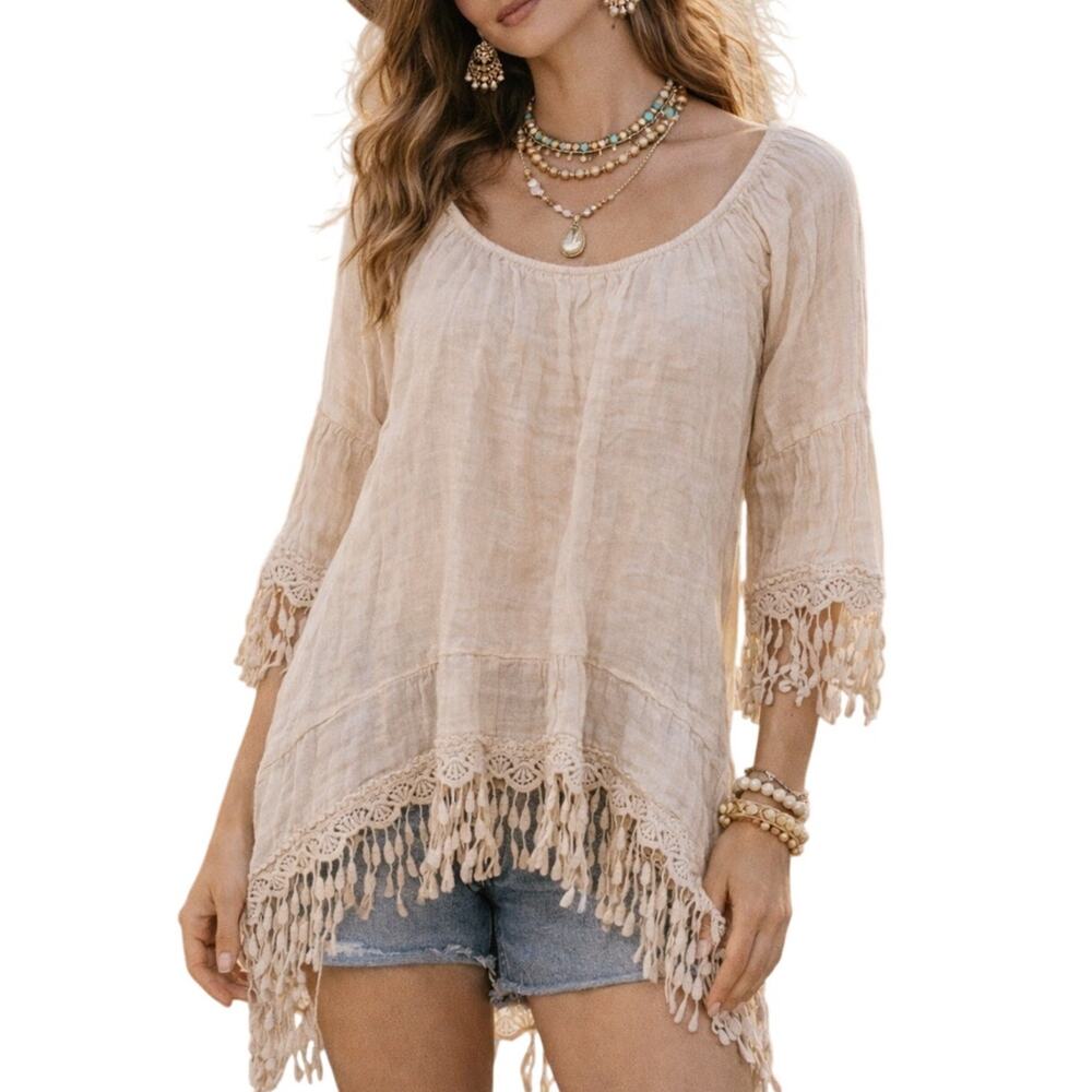 Saks Fifth Avenue Beige Fringe Linen-Blend Peasant Blouse